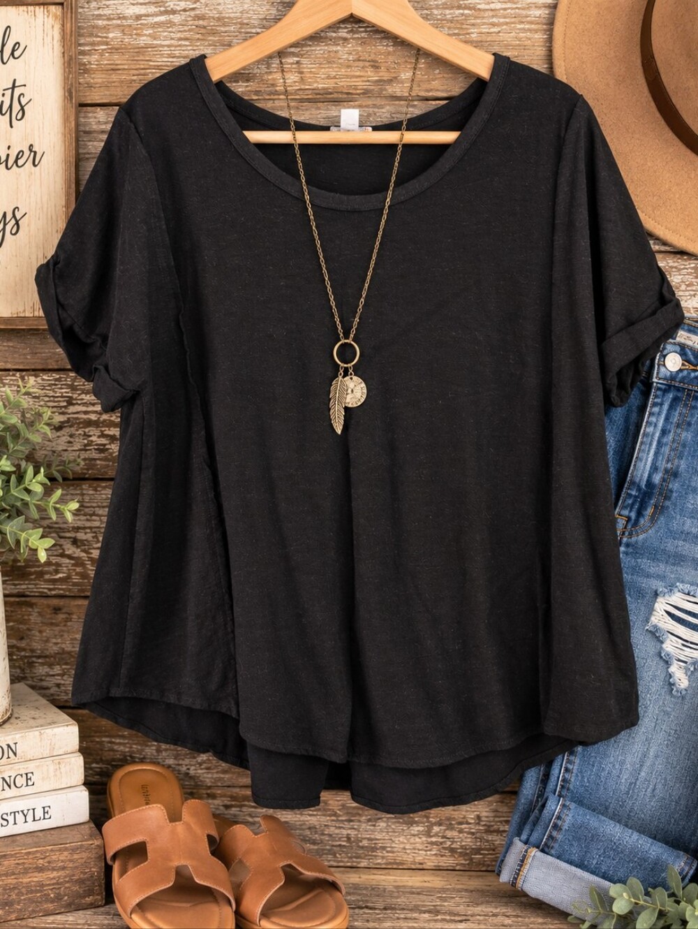 Umgee XL Black Linen Cotton Blend Oversized Top Rolled Sleeve Boho Blouse